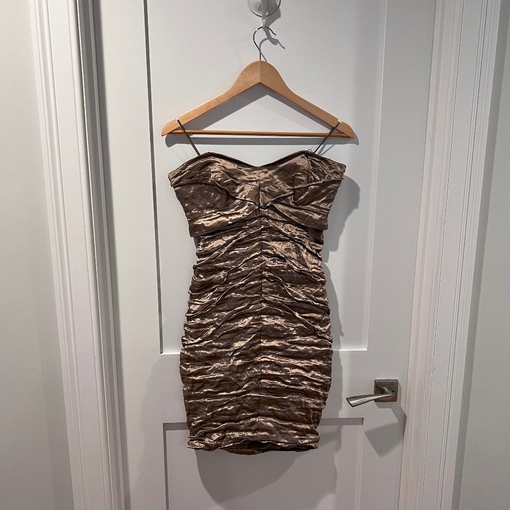 Metallic champagne, ruched, strapless Nicole Miller mini-dress